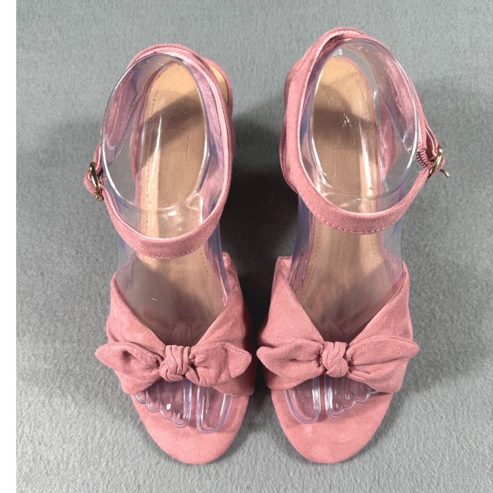 LOFT Blush Pink Suede Bow Wedge Heels Ankle Strap Sandals 9.5 Feminine Wedding - Picture 1 of 10